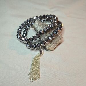 Elegant Graphic Beaded Bracelet Set with Tassel